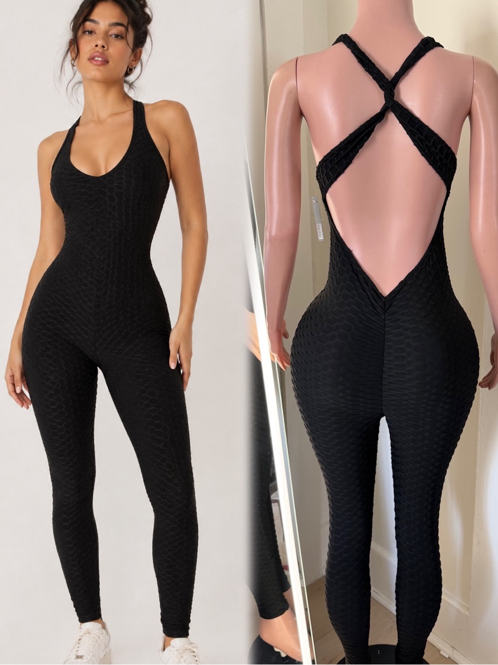 Black Textured Open-Back Jumpsuit for Women